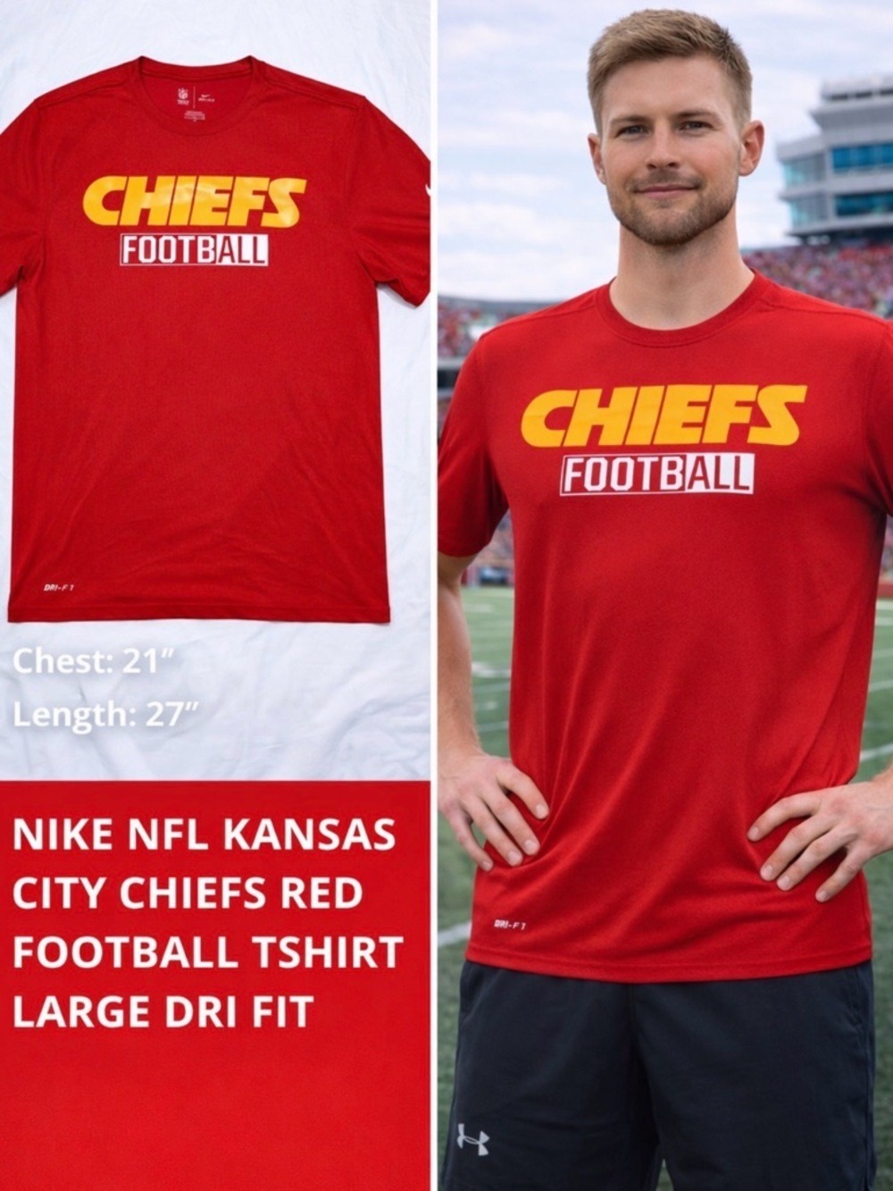 MENS NIKE NFL KANSAS CITY CHIEFS RED FOOTBALL TSHIRT LARGE DRI FIT FAN-GEAR